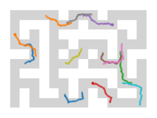 Short ground-truth trajectories from the pointmaze-giant training dataset.